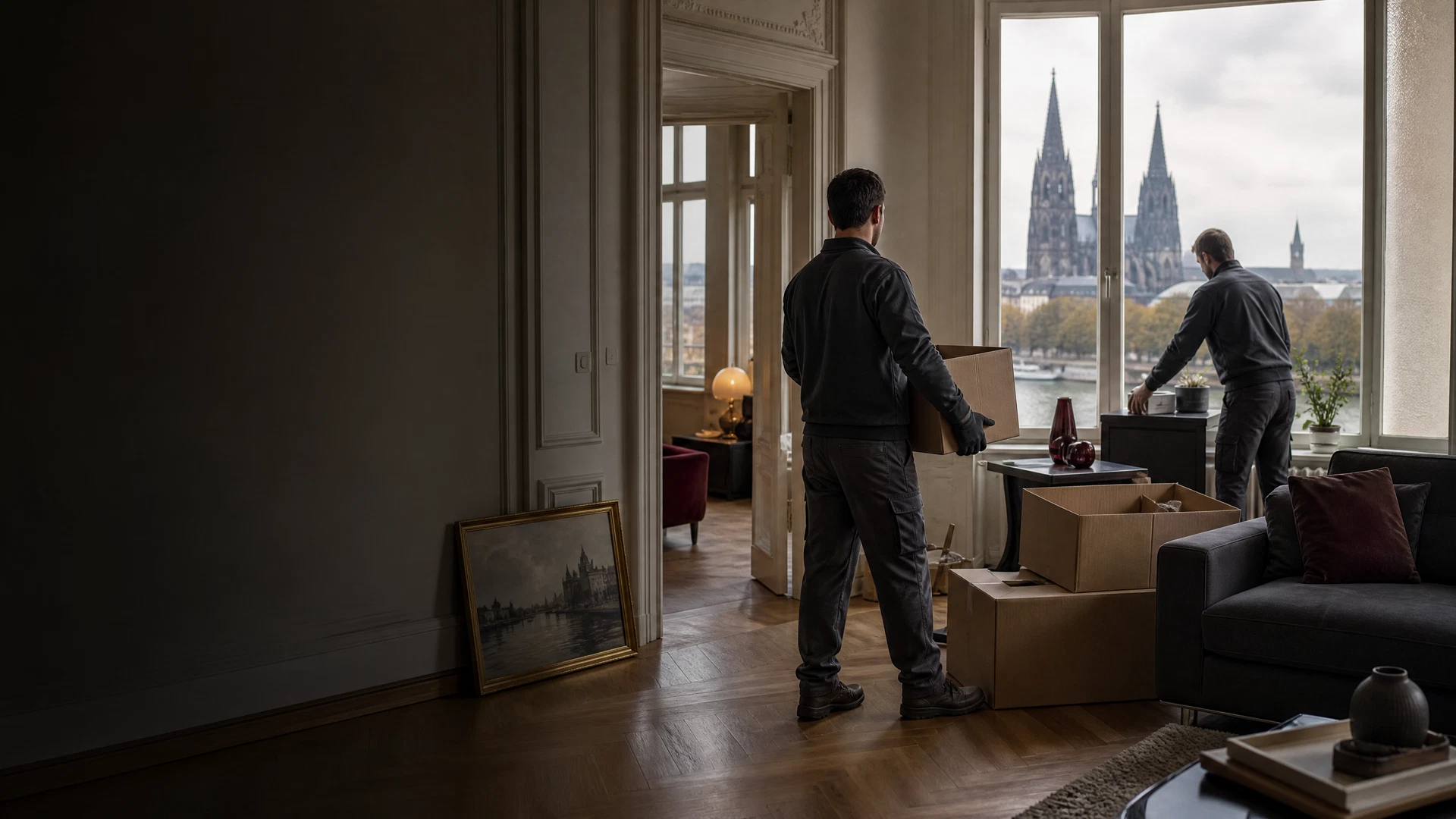 Professionelle Entrümpelung in einem Kölner Altbau mit Blick auf den Kölner Dom