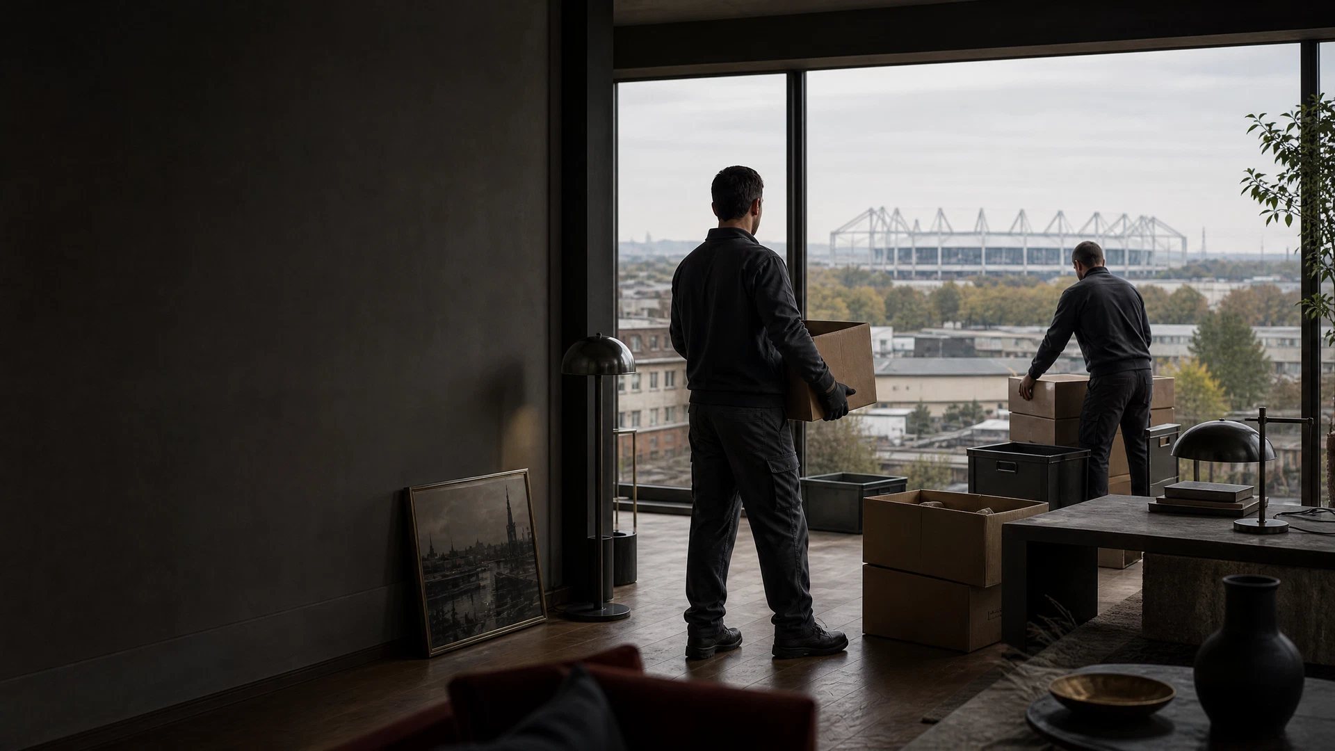 Organisierte Entrümpelung in Mönchengladbach mit Borussia-Park-Silhouette im Hintergrund