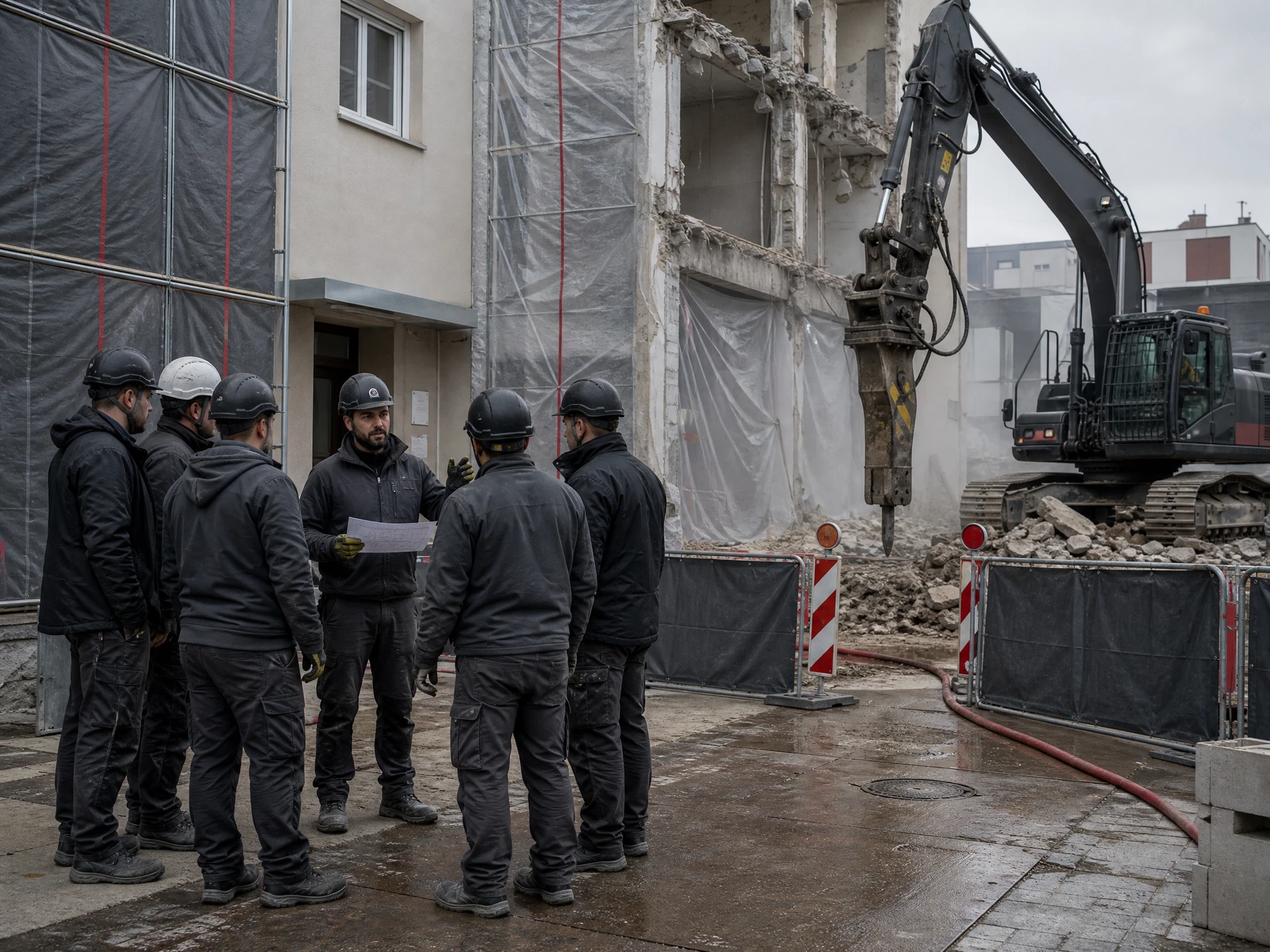 Professionell abgesicherter Arbeitsbereich vor kontrollierten Abrissarbeiten