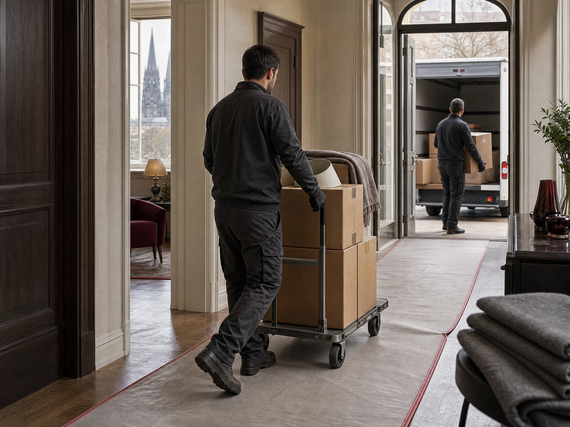Geschützter Transport von Umzugskartons durch einen Wohnungsflur