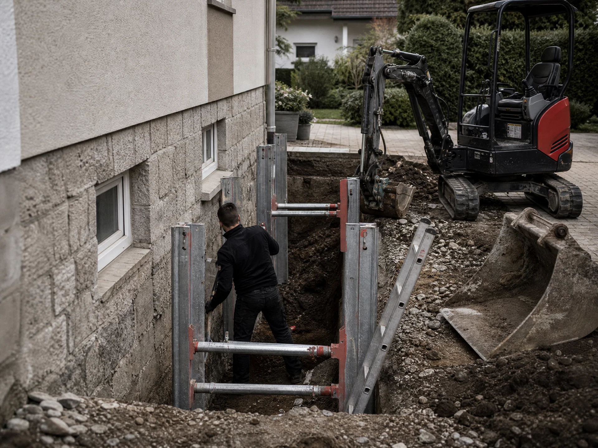 Kontrollierte Ausschachtung entlang einer Kelleraußenwand
