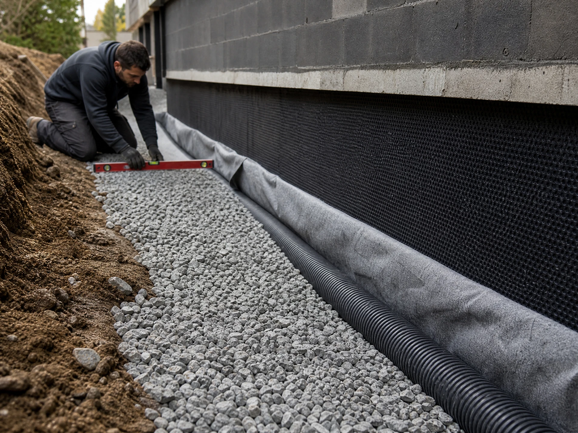 Einbau von Drainage und Filterkies am geschützten Kellerfundament